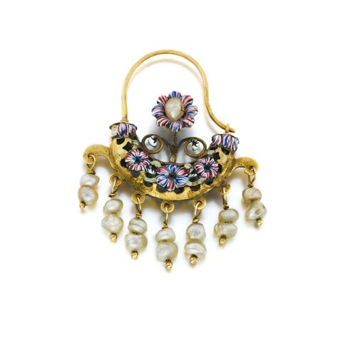 An enamel, baroque pearl and gold earring in shape of an Arch, South ...