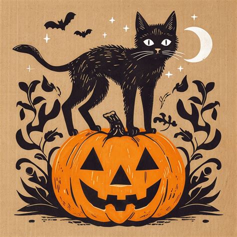 Vintage Halloween Jack-o'-Lantern Illustration with Black Cat Poster ...