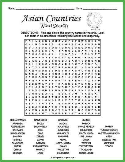 Asian Countries Word Search Answer Key: Find All The Nations