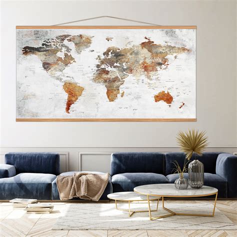 Hanging World Map Canvas, Rustic Frame Home Decor, Earth Colors World ...