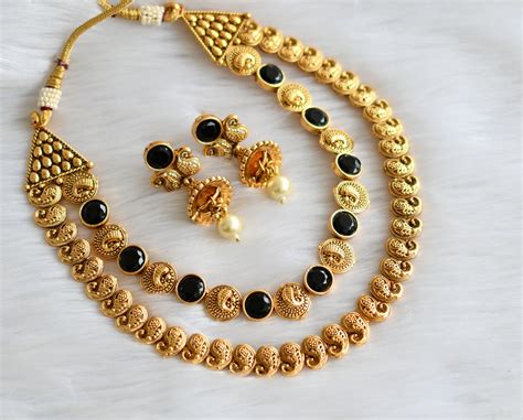 Antique gold tone black mango double layer necklace set dj-39694 ...