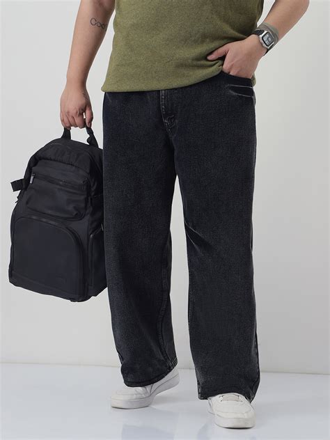 Plus Men's Black Loose Baggy Fit Washed Jeans Non-Stretchable – Urbano ...