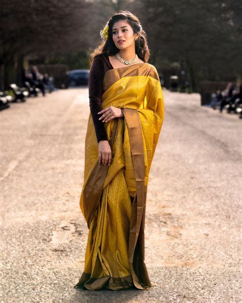 Mustard Yellow and Khaki Kanjivaram Silk Saree - DT172 – Pashudh Sarees