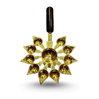 Buy HOKOYA Pure Brass Aarti Diya with Wooden Handle (10 Bati ...