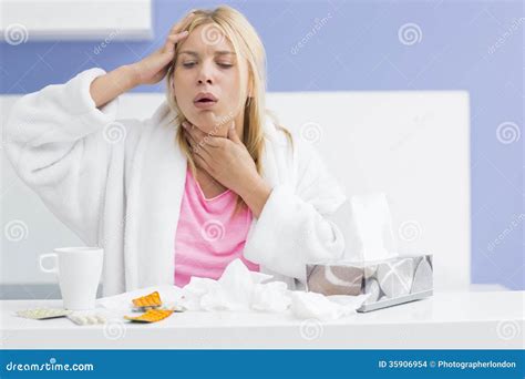 Young Woman Coughing while Suffering from Headache and Cold in Kitchen Stock Photo - Image of ...