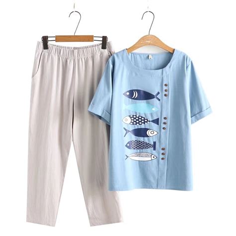 Plus Size Women's Full Cotton Summer Sets Short Sleeve Fish Printed ...