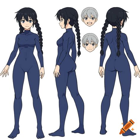 Anime character turnaround sheet showing front, side, and back views of ...