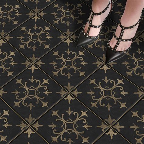 Tarnished Gold Floral Floor Tile Stickers: Peel and Stick Decals ...