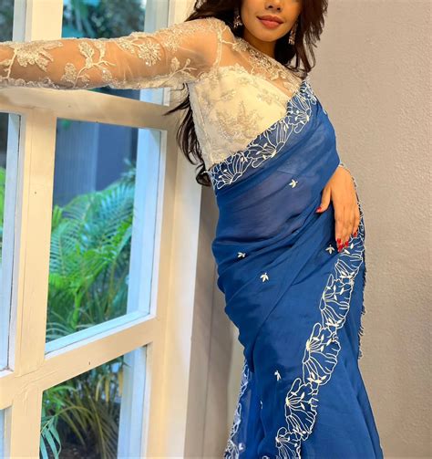 Buy Blueberry Blue Floral Organza Saree with Cutwork - Handmade Saree ...
