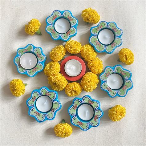 Handcrafted Blue Pottery Flower Tea Light Holder | Festive Illumination ...