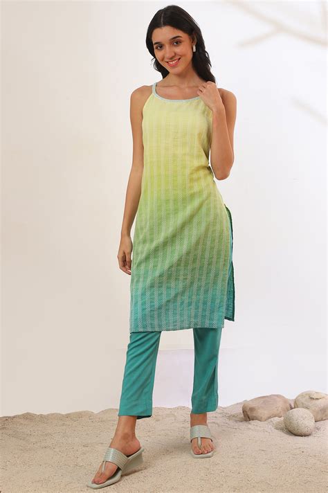Buy Green Yarn Dyed Pure Cotton Straight Kurta & Trousers Set Online ...