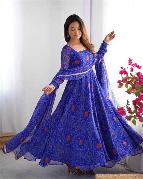 Royal Blue Color Bandhej Print Soft Chiffon Anarkali Gown – TANHAI