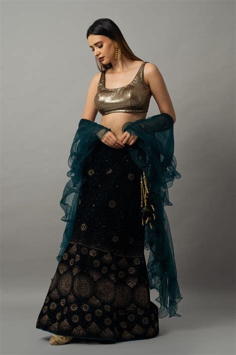 Navy Blue Velvet Lehenga Set with Gold Sequin Choli and Ruffle Dupatta ...