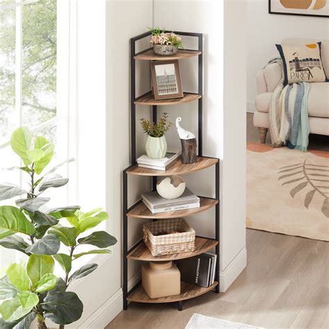 6-Tier Corner Bookshelf, Modern Solid Wood Space-Saving Freestanding ...