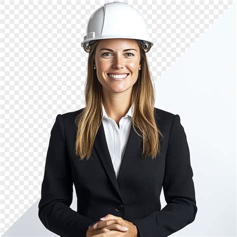 A woman wearing a hard hat and a white shirt with the word she is ...