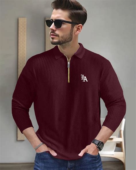 LA Maroon Full Sleeve Zippered Collared Waffle Men's T-Shirt