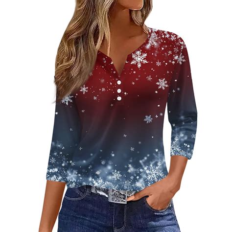 ASDFVBKG Women's Christmas Tops Henley Snowflakes Prints 3/4 Length ...