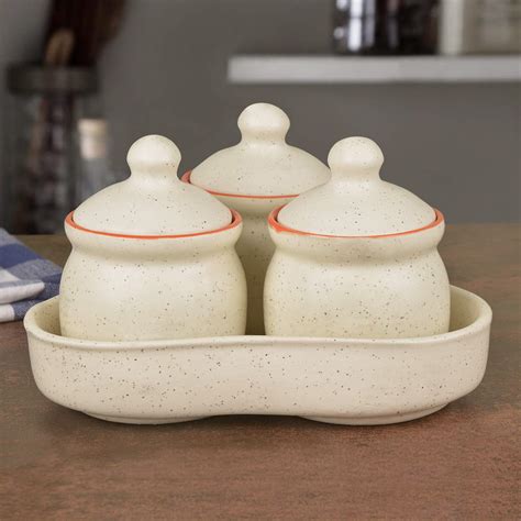 StyleMyWay Ceramic White Matt Pickle Serving Jar Set with Tray (Set of ...