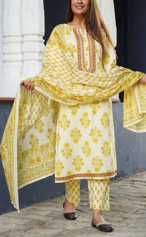 Yellow Floral Kurti With Pant And Dupatta Set .Pure Versatile Cotton ...