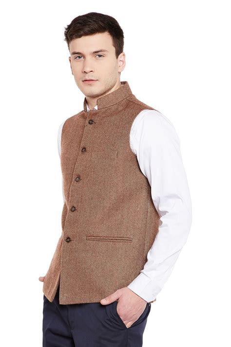 Wintage Men's Wool Blend Grandad Nehru Jacket Vest Waistcoat: Brown