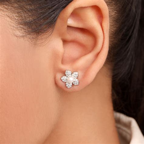 Floral Pearl CZ Rhodium Plated 925 Sterling Silver Stud Earring – Zavya