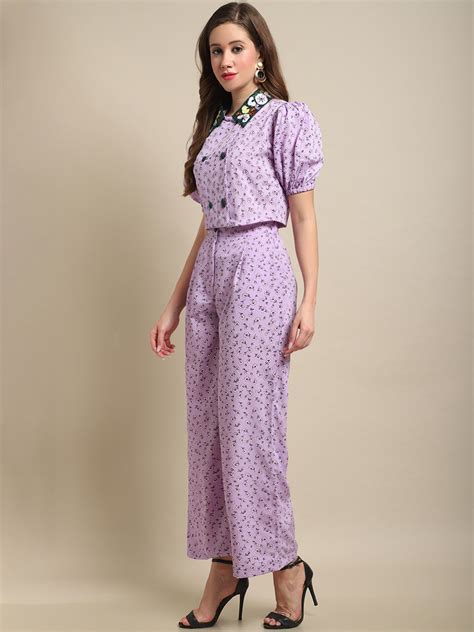 Embellished Collar Top With Purple Printed Co-Ord Set