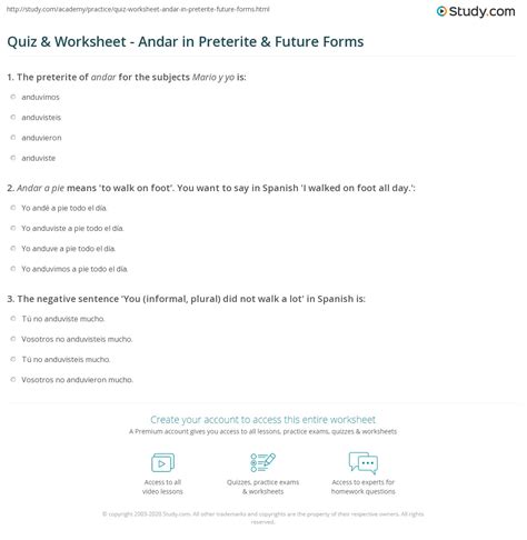 Quiz & Worksheet - Andar in Preterite & Future Forms | Study.com