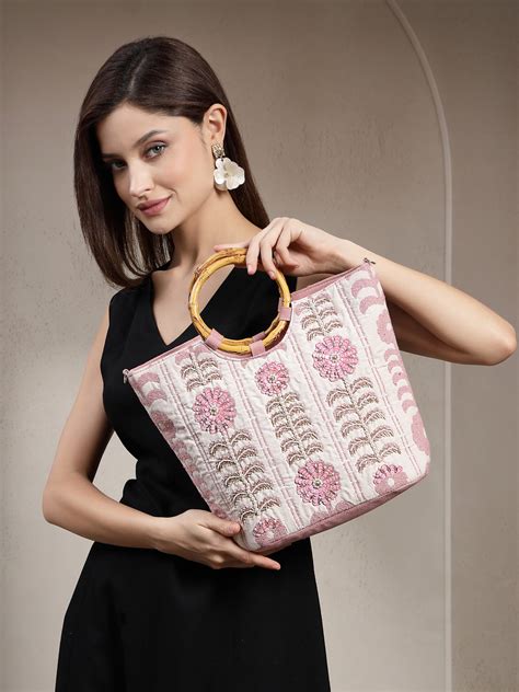 Anekaant Petal Posh Beige Cotton Floral Embellished Handheld Bag