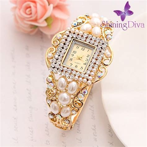 Buy Shining Diva Fashion Luxury 18k Gold Plated Pearl Crystal Quartz ...