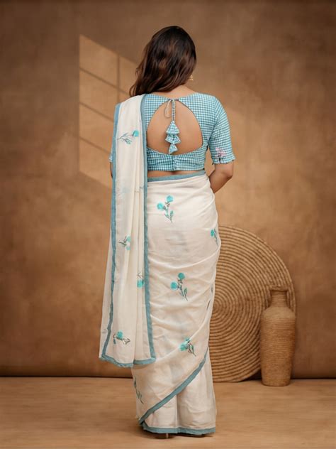 Sky Blue Floral Linen Blend Saree with Unstiched Blouse
