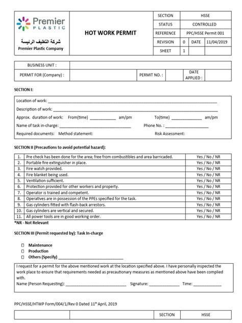 Image result for Hot Work Permit Example