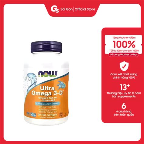 Viên uống Now Ultra Omega 3-D, 600 EPA / 300 DHA Fish Oil + Vitamin D-3 ...