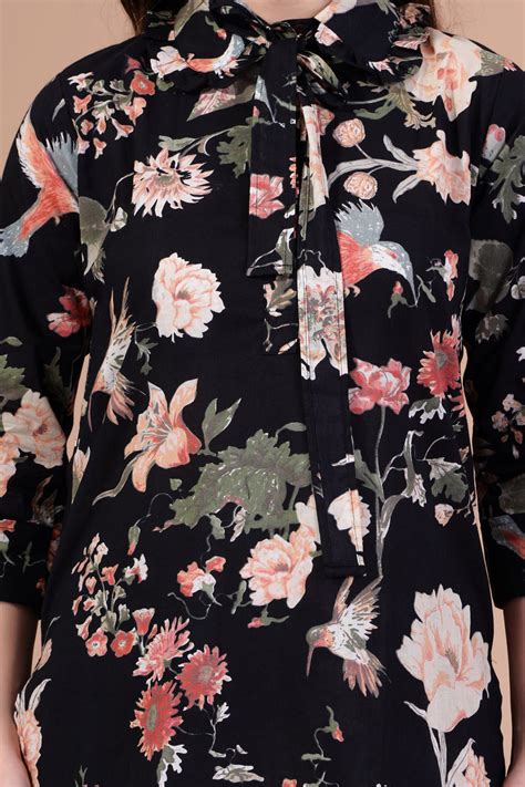 Zoya black flower printed cotton co-ord set with collar neck and belt ...