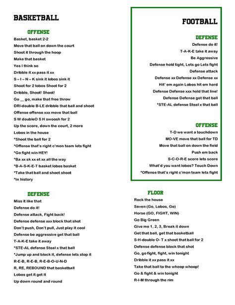 JSA football & basketball chants sheet | Cheerleading chants ...