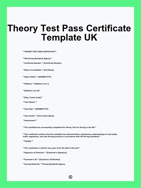 Theory Test Pass Certificate Template UK