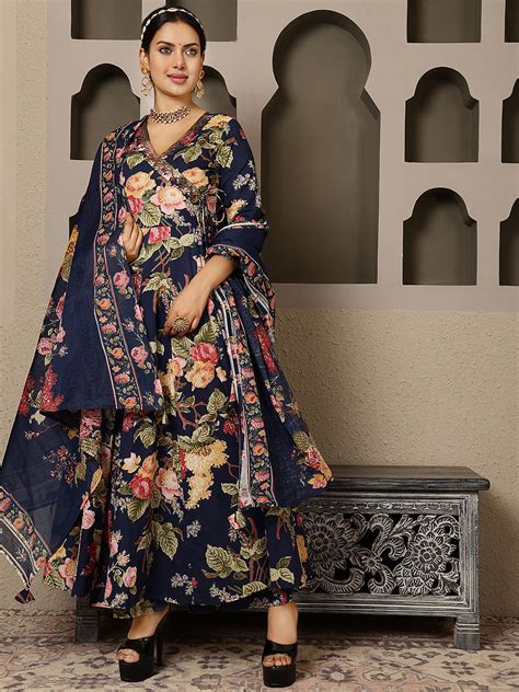 Navy Cotton Calf Length Printed V-Neck Anarkali Kurta Suit Set ...