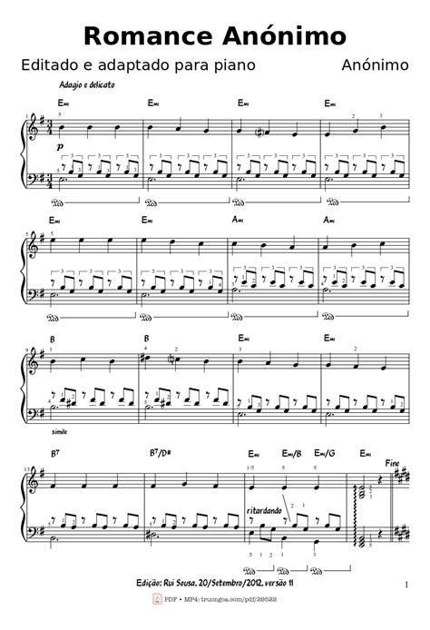 [Sheet] Spanish Romance Piano PDF, hợp âm Piano, mp4/midi
