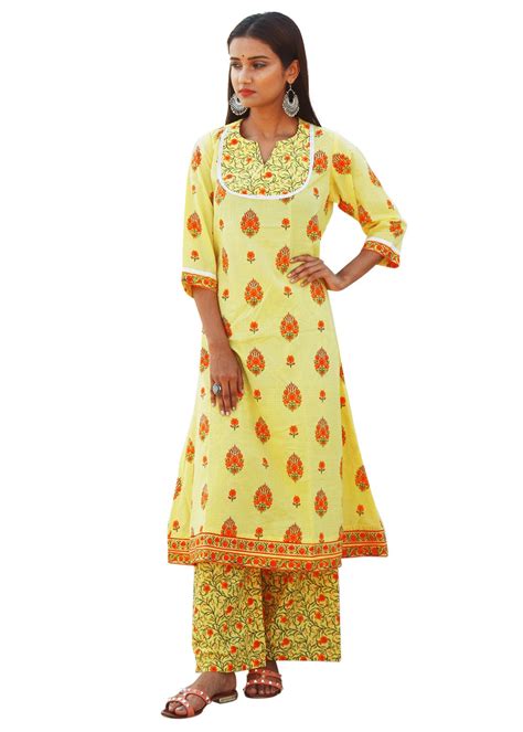 Get Floral Block Print A-Line Kurta with Palazzo Set at ₹ 1710 | LBB Shop