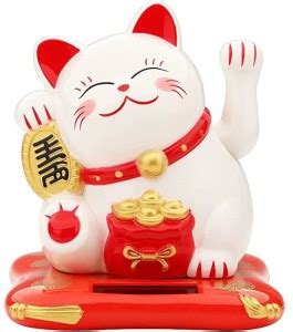 The Cube Mart Hand Waving White Lucky Cat Solar Powered Chinese Maneki ...