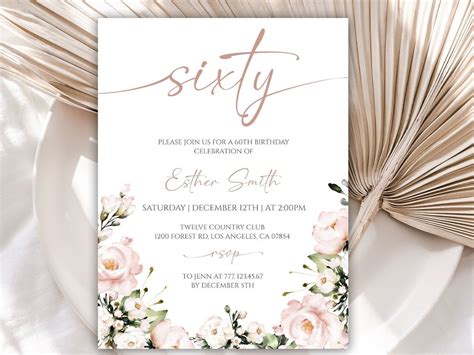 Buy Editable 60th Birthday Invitation, Floral 60th Birthday Invitation ...