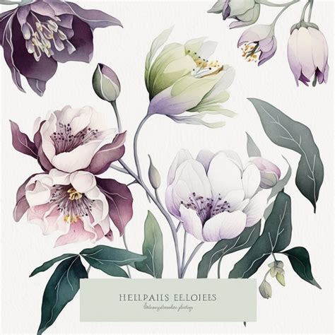 watercolor floral CLIPART, PURPLE HELLEBORES AND WHITE SPRING BLOSSOMS ...