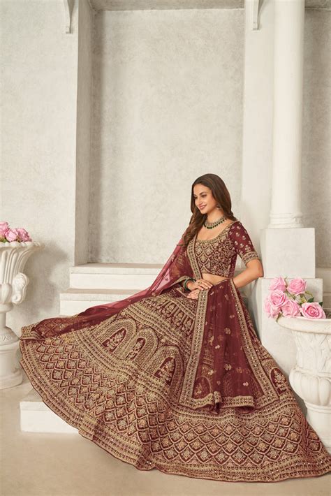 Maroon Organza Net Lehenga Choli Set - Embroidered Bridal We
