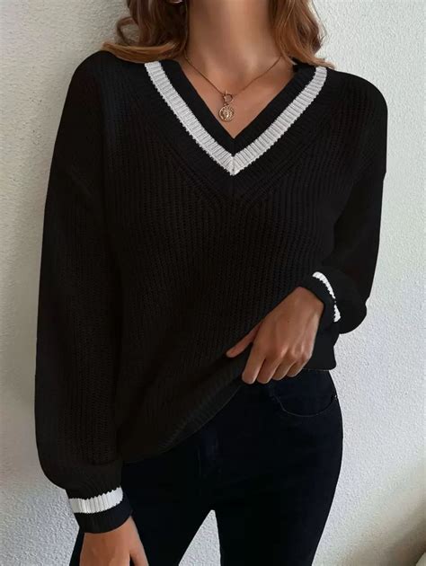 Chiquease Ribbed Knit Drop Shoulder Cricket Sweater,Long Sleeve Tops ...