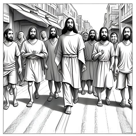cartoon of jesus walking with his disciples in the street, Pencil ...