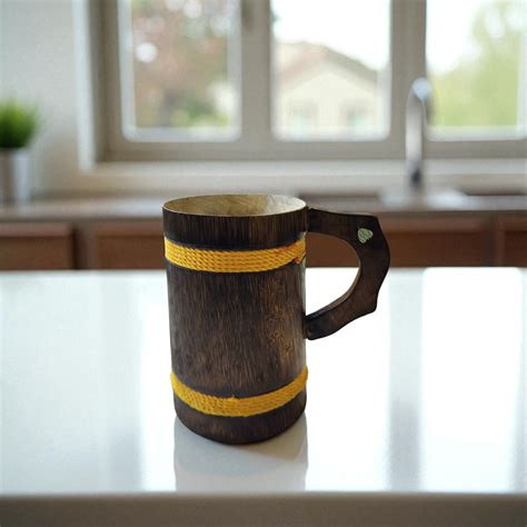 SacredFig Wooden Mug – 350 ml | Rustic Oak Barrel Design with Golden R