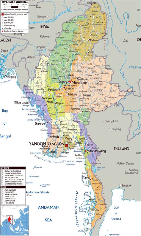 Large political and administrative map of Myanmar with roads, cities and airports | Burma ...