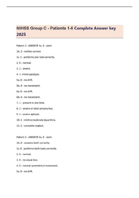 NIHSS Group C - Patients 1-6 Complete Answer key 2025 - NIH Stroke ...