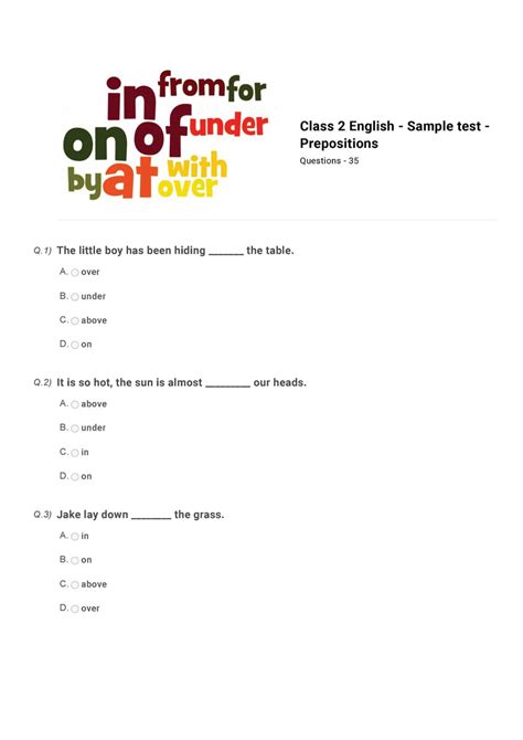 Class 2 English sample paper on prepositions | Olympiad tester