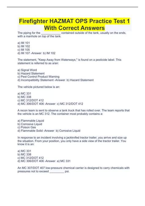 Firefighter HAZMAT OPS Practice Test 1 With Correct Answers ...