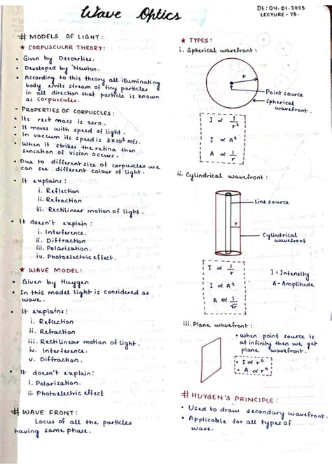 Wave Optics Lecture Notes: Models of Light and Wavefronts (Course Code ...